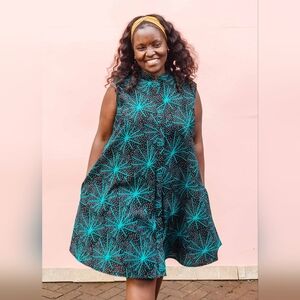 Zuri Starburst Polka Dot Cotton Shirt Dress Buttons Blue Black Kenya Women's 2X